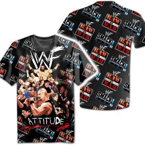 Shop the black cotton wwf attitude era full-print wrestling tee inspired by raw is war, smackdown and late-1990s wrestling culture.