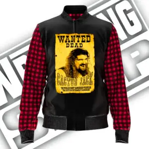 Turn heads at wrestling events with this Cactus Jack Wanted polyester jacket, featuring red flannel-style sleeves and a bold yellow wanted poster of Mick Foley’s hardcore alter ego.