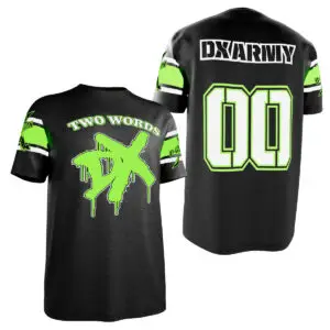 Attitude Era throwback alert: the DX “Two Words” Jersey Tee brings neon DX style, athletic jersey vibes, and vintage wrestling energy to your collection. Available now at Shop Wrestling Network.