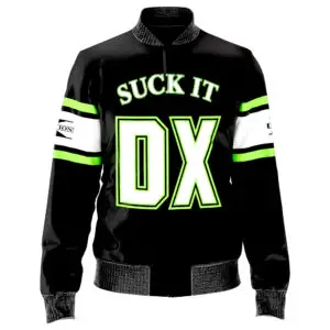 Shop the DX full-print bomber jacket inspired by WWE’s Attitude Era legends. Premium polyester, bold faction logos, and authentic retro wrestling style.