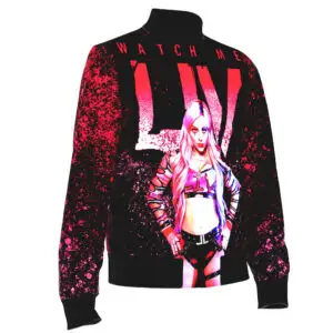 Rep Liv Morgan’s chaotic pink energy with this full-print “Watch Me LIV” bomber jacket from Shop Wrestling Network, featuring 100% polyester construction, bold front and back artwork and neon splatter details for hardcore WWE fans.