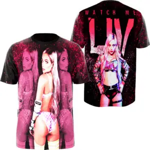 Stand out at WWE events with this Liv Morgan Watch Me Liv polyester pro wrestling shirt, showcasing all-over pink and black art and photoreal portraits perfect for women’s wrestling collectors.