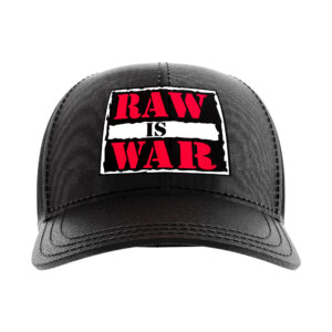 RAW IS WAR retro trucker cap made from a durable polyester/cotton blend with breathable mesh. Authentic 90s WWE-style logo for fans of the Attitude Era and vintage wrestling apparel.