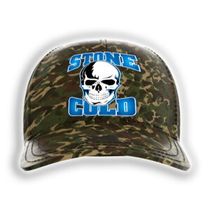 Shop Wrestling Network’s Stone Cold camo hat blends army-style print with bold blue “STONE COLD” graphics and an adjustable fit – essential merch for longtime WWE fans.