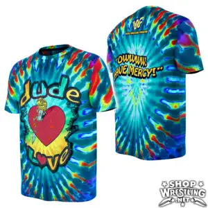 Shop a retro Dude Love Mick Foley tribute tee—psychedelic tie-dye style, full-color sublimation, lightweight polyester fit—classic WWF Attitude Era energy.