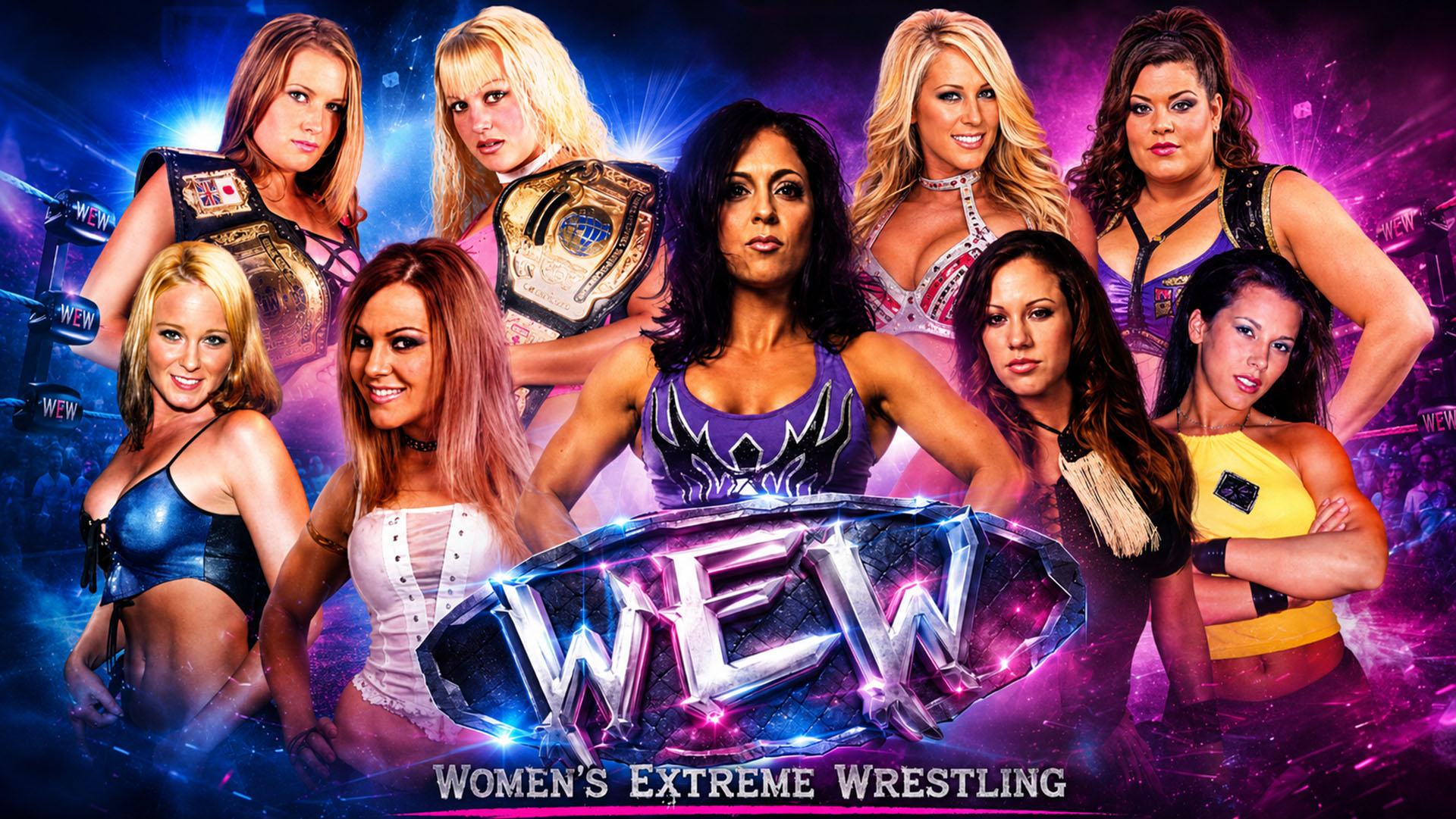 Women’s extreme wrestling night of extreme insanity promotional banner featuring a 2005 wew women’s wrestling event from atlanta.